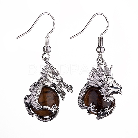 Natural Tiger Eye Dragon Dangle Earrings EJEW-A092-06P-02-1