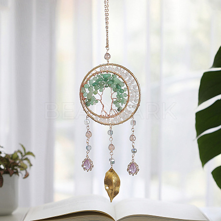 Brass Wire Wrapped Natural Green Aventurine Chips Tree of Life Pendant Decorations HJEW-D302-07A-1