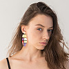 FIBLOOM 2 Pairs 2 Colors Acrylic Feather with Tartan Dangle Stud Earrings EJEW-FI0001-25-4