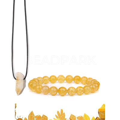 Natural Citrine Beads Stretch Bracelets & Pendant Necklaces Sets for Men PW-WGF85DB-05-1