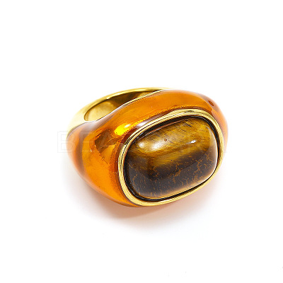 Oval 304 Stainless Steel with Natural Tiger Eye Finger Rings FS-WGC5475-01-1