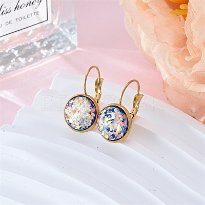 Flat Round 201 Stainless Steel Natural Shell Leverback Earrings FS-WG6391F-01-1