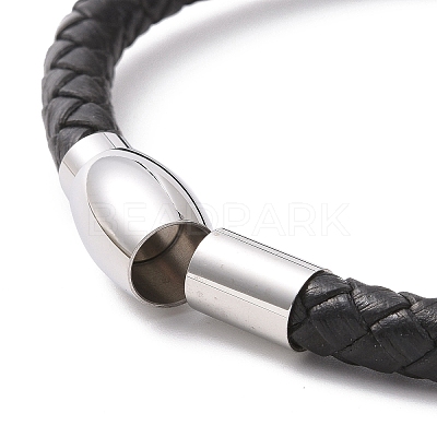 Black Leather Braided Cord Bracelet with 304 Stainless Steel Magnetic Clasps BJEW-P275-02P-1
