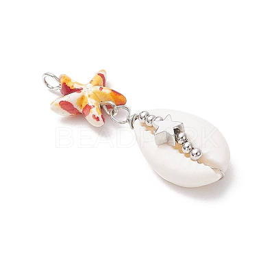 5Pcs 5 Colors Starfish Dyed Synthetic Turquoise & Natural Cowrie Shell Pendants PALLOY-JF03936-1