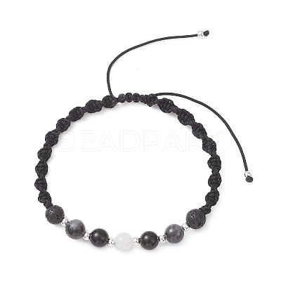 Natural White Moonstone & Lava Rock & Obsidian & Larvikite Round Beads Braided Bead Bracelets for Women BJEW-JB12917-03-1