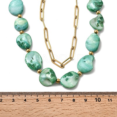 304 Stainless Steel with Dyed Green Natural Shell Nuggets Beaded Double Layer Necklaces for Women NJEW-G181-09G-1