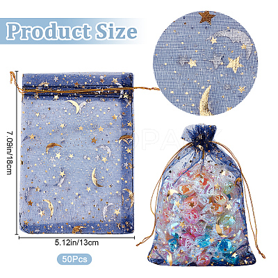 50Pcs Gold Stamping Moon & Star Organza Drawstring Gift Storage Bags OP-BBC0001-03C-03-1