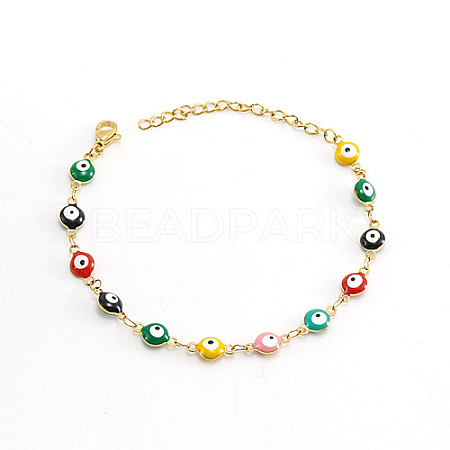 Real 18K Gold Plated Stainless Steel Enamel Evil Eye Link Chain Bracelet VQ3782-2-1