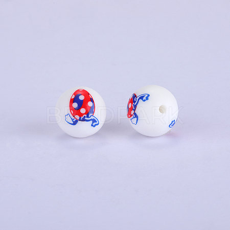 Printed Round with Egg Pattern Silicone Focal Beads SI-JX0056A-149-1