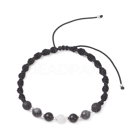 Natural White Moonstone & Lava Rock & Obsidian & Larvikite Round Beads Braided Bead Bracelets for Women BJEW-JB12917-03-1