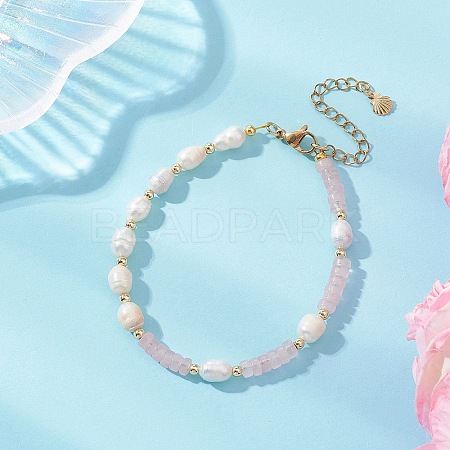 Natural Rose Quartz & Cultured Freshwater Pearl Beaded Bracelets for Women BJEW-JB13249-03-1