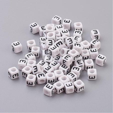 White Letter E Cube Acrylic Beads X-PL37C9308-E-1