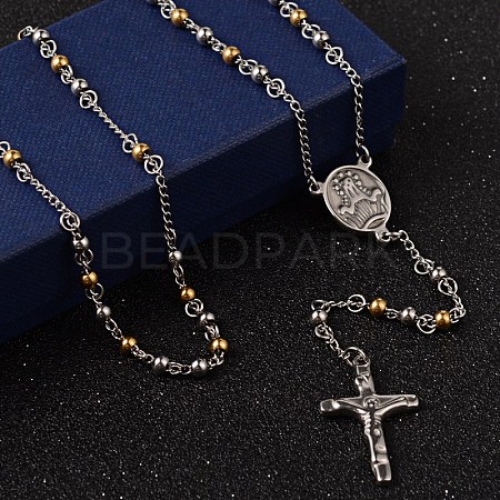 Crucifix Cross 304 Stainless Steel Rosary Bead Necklaces NJEW-O096-31-1