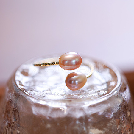 Brass Natural Freshwater Pearl Oval Beaded Cuff Rings WG91F01-02-1