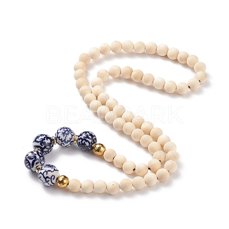 Natural Wood  & Porcelain & Synthetic Hematite Round Beaded Necklace for Women NJEW-JN03874-1