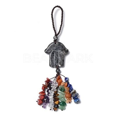 Hamsa Hand/Hand of Miriam Natural Labradorite Pendant Decorations HJEW-R127-02F-1