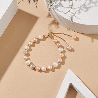 Dyed Natural Pearl & Brass Round Beaded Slider Bracelet BJEW-JB09008-02-1