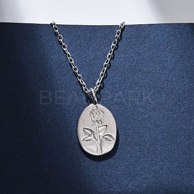 925 Sterling Silver Oval with Engraved Rose Flower Pendant Necklaces for Women NJEW-D316-03P-1