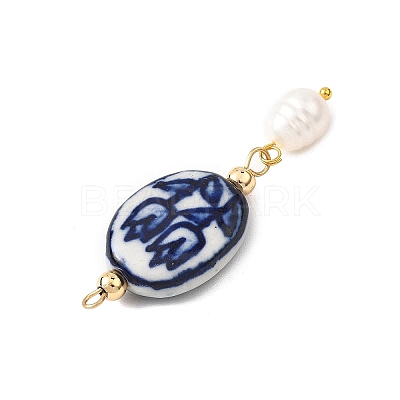 Blue and White Tulip Pattern Oval Porcelain Pendants PALLOY-JF04709-1