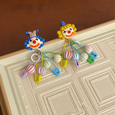 Clown Alloy Resin Dangle Stud Earrings. Golden FS-WG55B1D-01-1