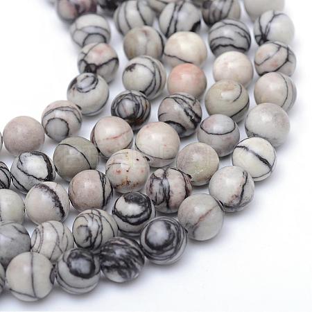 Round Natural Black Silk Stone/Netstone Bead Strands G-R345-6mm-20-1