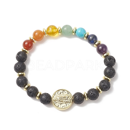 Natural & Synthetic Mixed Gemstone & Brass Virgin Mary Beaded Stretch Bracelet for Women BJEW-JB09322-1