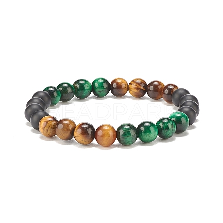 Natural Tiger Eye & Black Agate Round Beaded Stretch Bracelet BJEW-SZ0002-52A-1