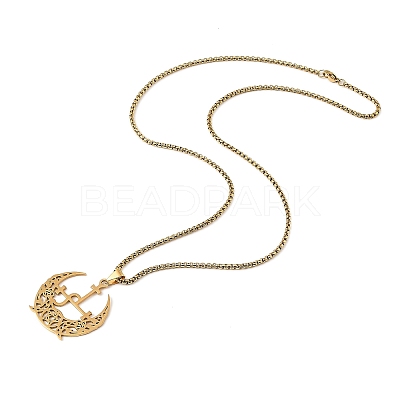 201 Stainless Steel Hollow Crescent Moon Pendant Box Chain Necklaces NJEW-M086-02G-1