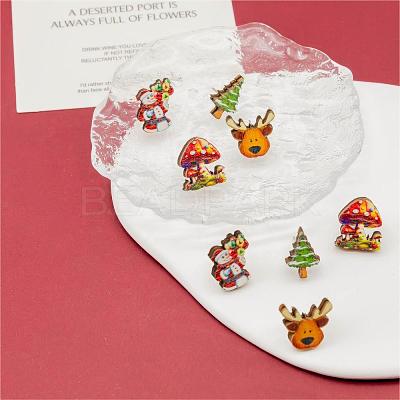 4 Pairs Snowman & Christmas Tree & Deer & Mushroom Printed Wood Stud Earrings EJEW-OY001-07-1