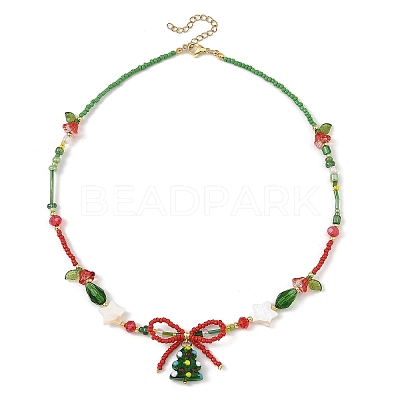 Brass Handmade Lampwork Christmas Tree Pendant Glass Beaded Necklaces NJEW-TA00275-1