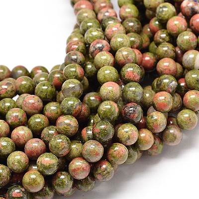 Natural Gemstone Unakite Round Bead Strands G-P075-35-8mm-1