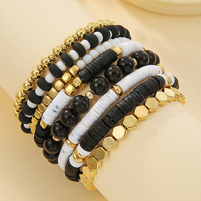 8Pcs Polymer Clay Heishi & CCB Plastic & Glass Beaded Stretch Bracelets Set For Women FS-WGAEA5C-01-1
