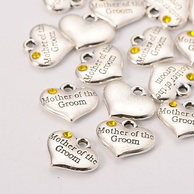Wedding Theme Antique Silver Tone Tibetan Style Alloy Heart with Mother of the Groom Rhinestone Charms LS-TIBEP-N005-17D-1