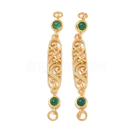 Brass & Natural Green Onyx Agate(Dyed & Heated) Hollow Oval with Flower Links Connector Charms KK-D113-05G-1