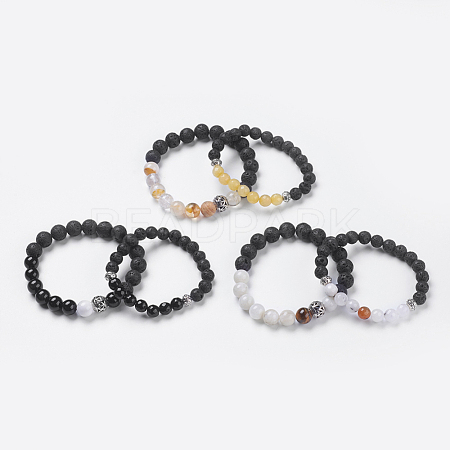 Natural Lava and Natural Mixed Stone Beads Stretch Bracelets BJEW-JB03736-1