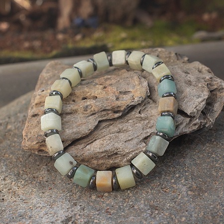 Cube Natural Amazonite & Synthetic Non-magnetic Hematite Beads Stretch Bracelets for Women Men PF6426-11-1