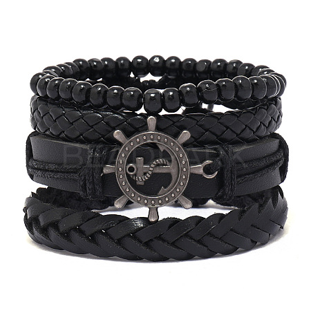 4Pcs 4 Styles Wood Beads Stretch Braceletas & Alloy Artificial Leather Cord Bracelet Sets for Men FS-WG9743B-08-1