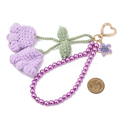 Handmade Cotton Yarn Crochet Lily of the Valley & Glass Pearl Round Bead Pendant Decorations HJEW-JM04389-01-1