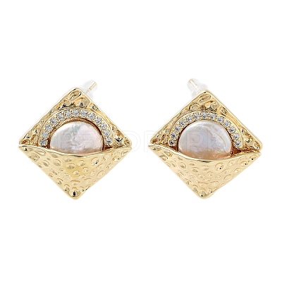 Rhombus Natural Pearl Stud Earrings with Brass Micro Pave Cubic Zirconia and 925 Sterling Silver Pins EJEW-P256-86G-1
