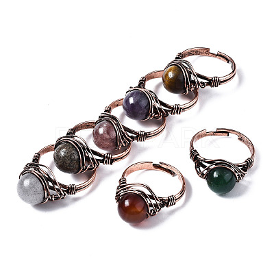 Adjustable Natural & Synthetic Gemstone Round Finger Rings RJEW-T020-01R-1