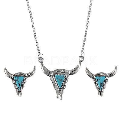 Western Cowboy Style Synthetic Turquoise Cattle Head Pendant Necklaces & Stud Earrings Sets for Women FS-WG063A3-03-1