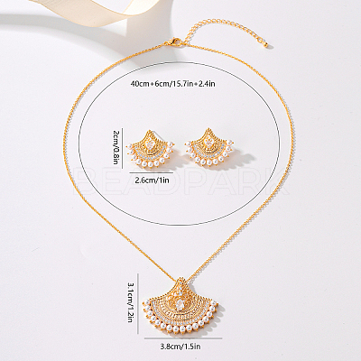 Brass Micro Pave Clear Cubic Zirconia Fan Pendant Necklaces & Stud Earrings Sets for Women SJ9834-1