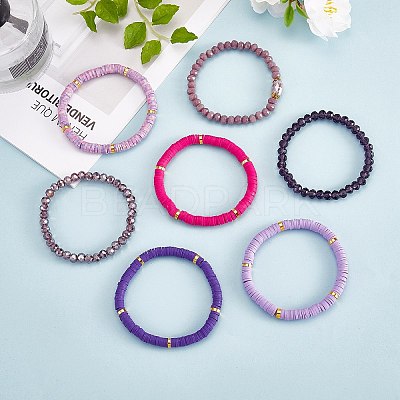 7Pcs 7 Style Handmade Polymer Clay Heishi Surfer Stretch Bracelets Set BJEW-SW00073-05-1