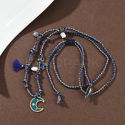 304 Stainless Steel Blue Enamel Moon Pendant Cotton Cord Adjustable Necklaces NJEW-C093-04G-1