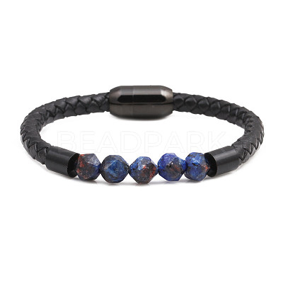 Men's Black Onyx Stone Beaded Bracelet with Magnetic Clasp Leather Weave Jewelry ST4317096-1
