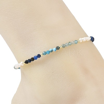 Gradient Faceted Round Natural Mixed Stone & Potato Natural Pearl Beaded Anklets AJEW-AN00873-03-1
