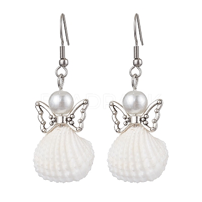 Angel Spiral Shell & Glass Pearl Dangle Earrings EJEW-JE05838-1