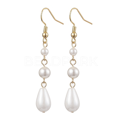 Teardrop Shell Pearl & Brass Dangle Earrings for Women EJEW-TA00513-1