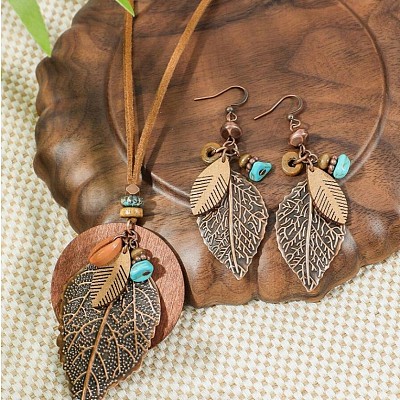 Bohemian Style Leaf Alloy & Wood Pendant Necklaces & Dangle Earrings Sets WG5D754-01-1