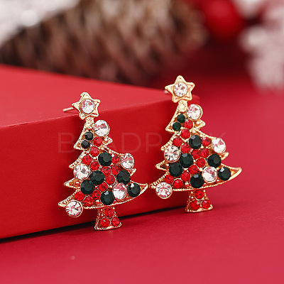 Christmas Tree Alloy Rhinestone Pendant Necklaces & Stud Earrings & Rings & Brooch Sets WG792CD-05-1